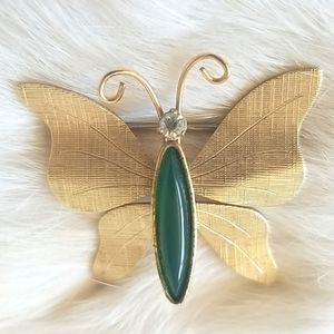 Krementz Vintage Gold-tone & Jade Butterfly Brooch Pin